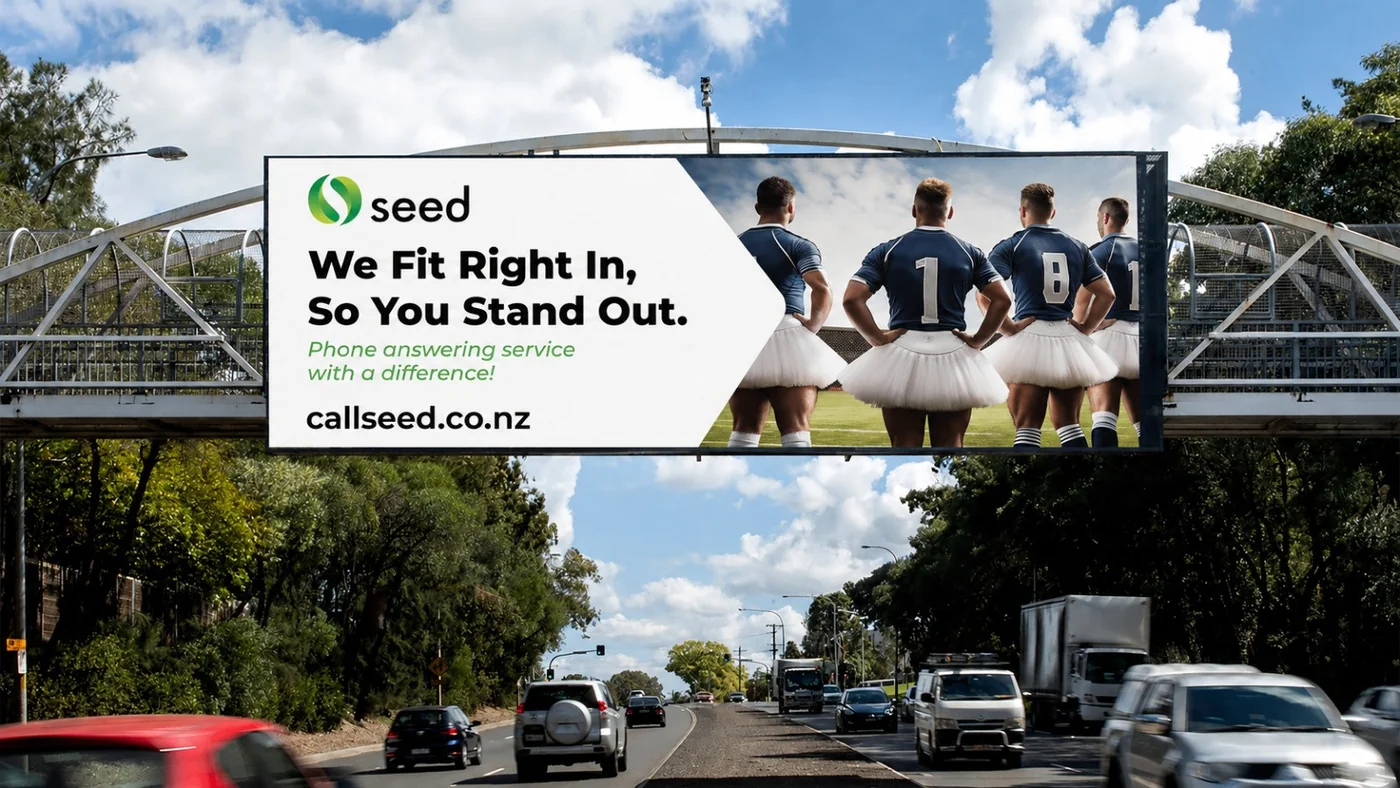 Seed billboard beside a city road reading We Fit Right In, So You Stand Out. A phone answering service with a difference