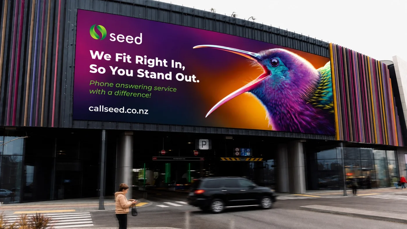 Seed digital billboard on a shopping-centre facade reading We Fit Right In, So You Stand Out, with a vivid bird visual
