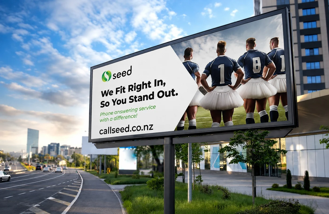 A Seed digital billboard beside a city arterial road reading We Fit Right In, So You Stand Out
