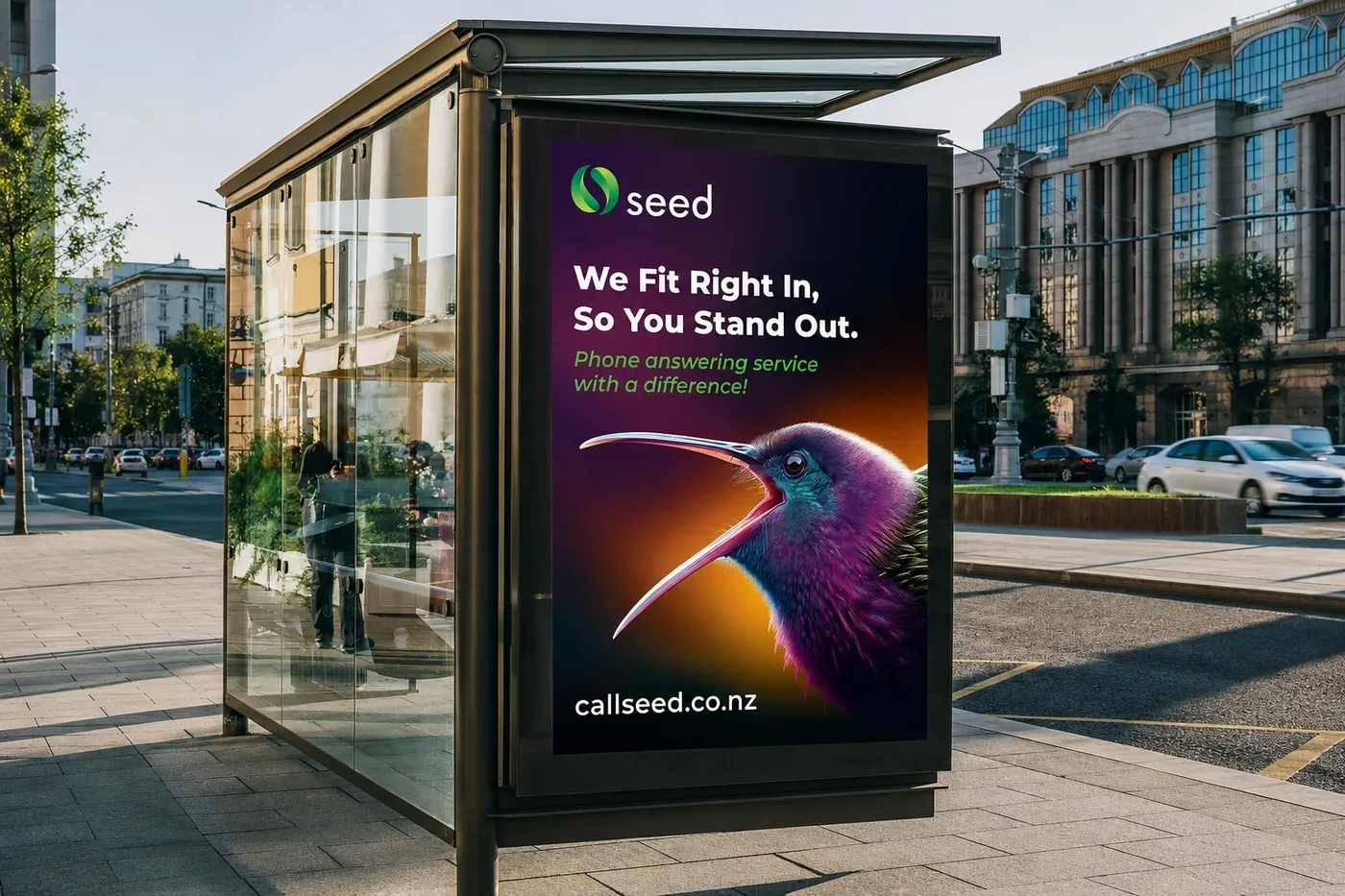Seed bus-shelter billboard on a city street reading We Fit Right In, So You Stand Out