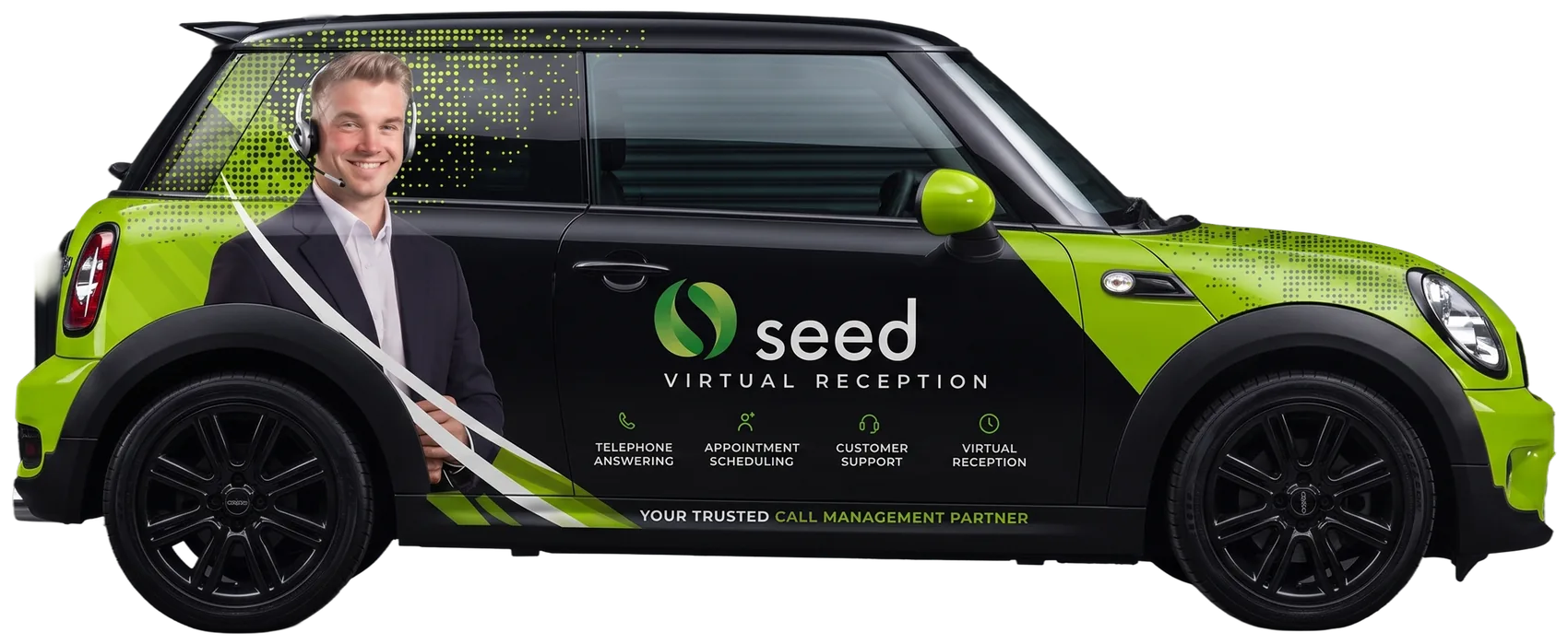 The Seed virtual reception vehicle livery: telephone answering, appointment scheduling, customer support and virtual reception