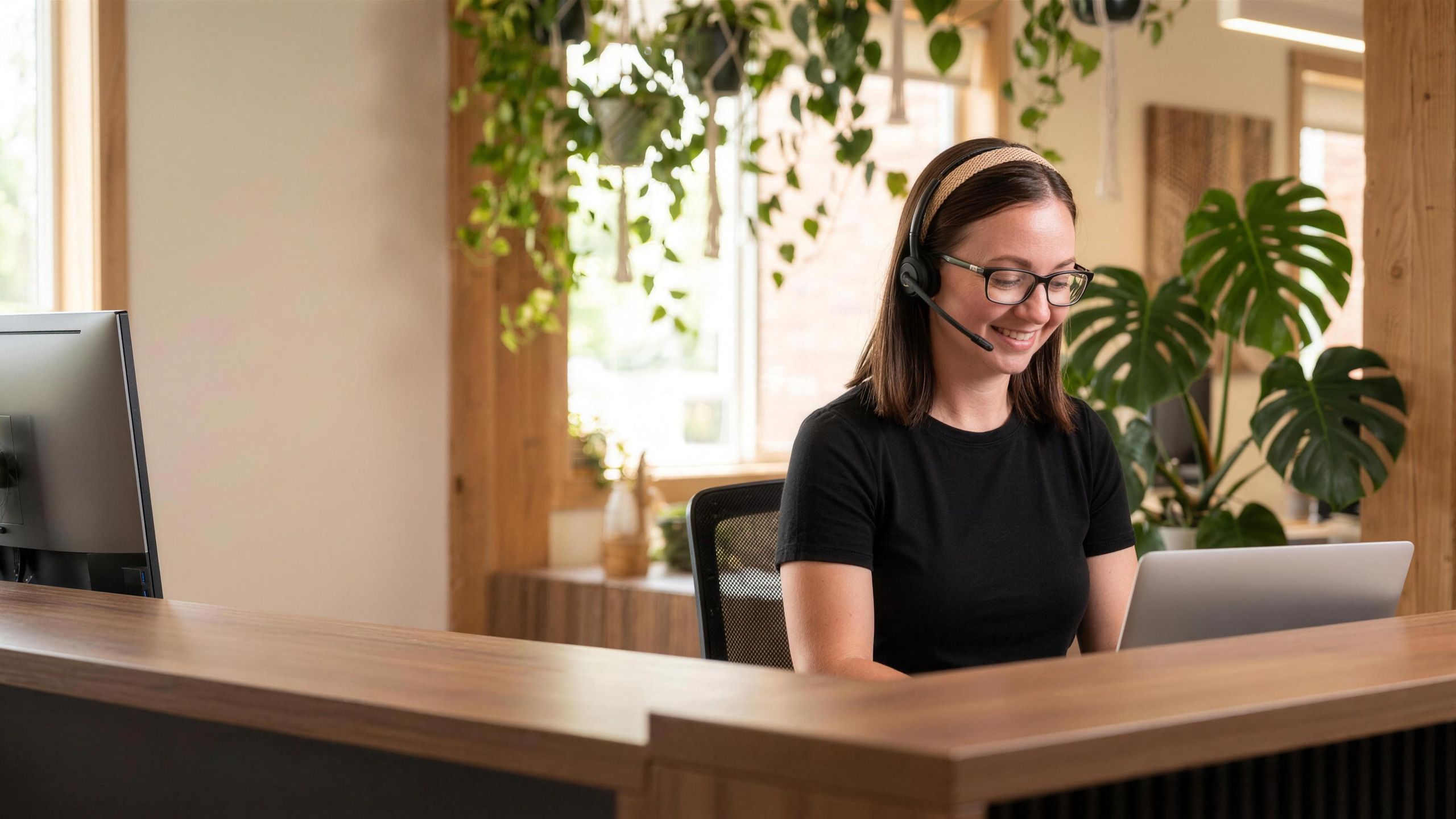 A Seed receptionist taking a call live at her desk
