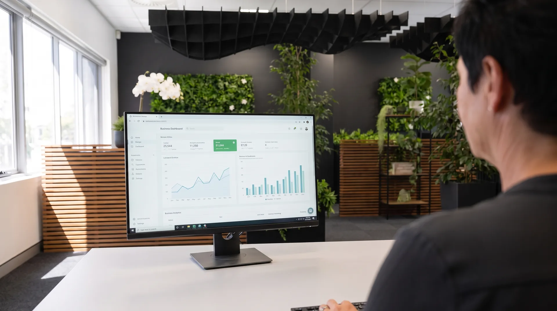 A member of the Seed team working on a business dashboard on a desktop screen in the Seed office
