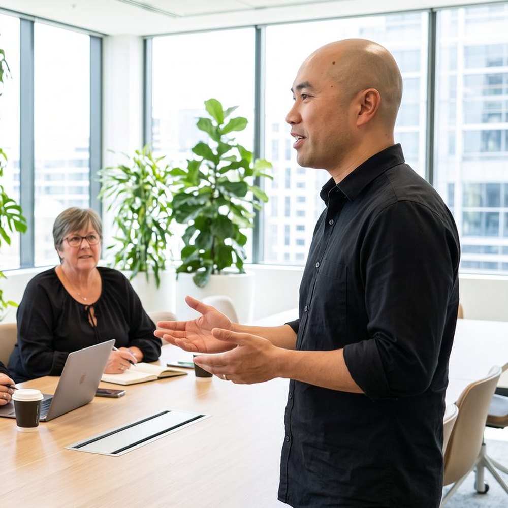 Tommy leading a hands-on AI training session with a team in a boardroom