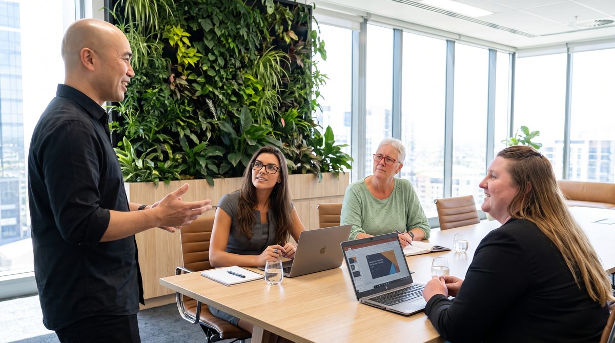 Tommy running an AI training session with the team around a boardroom table