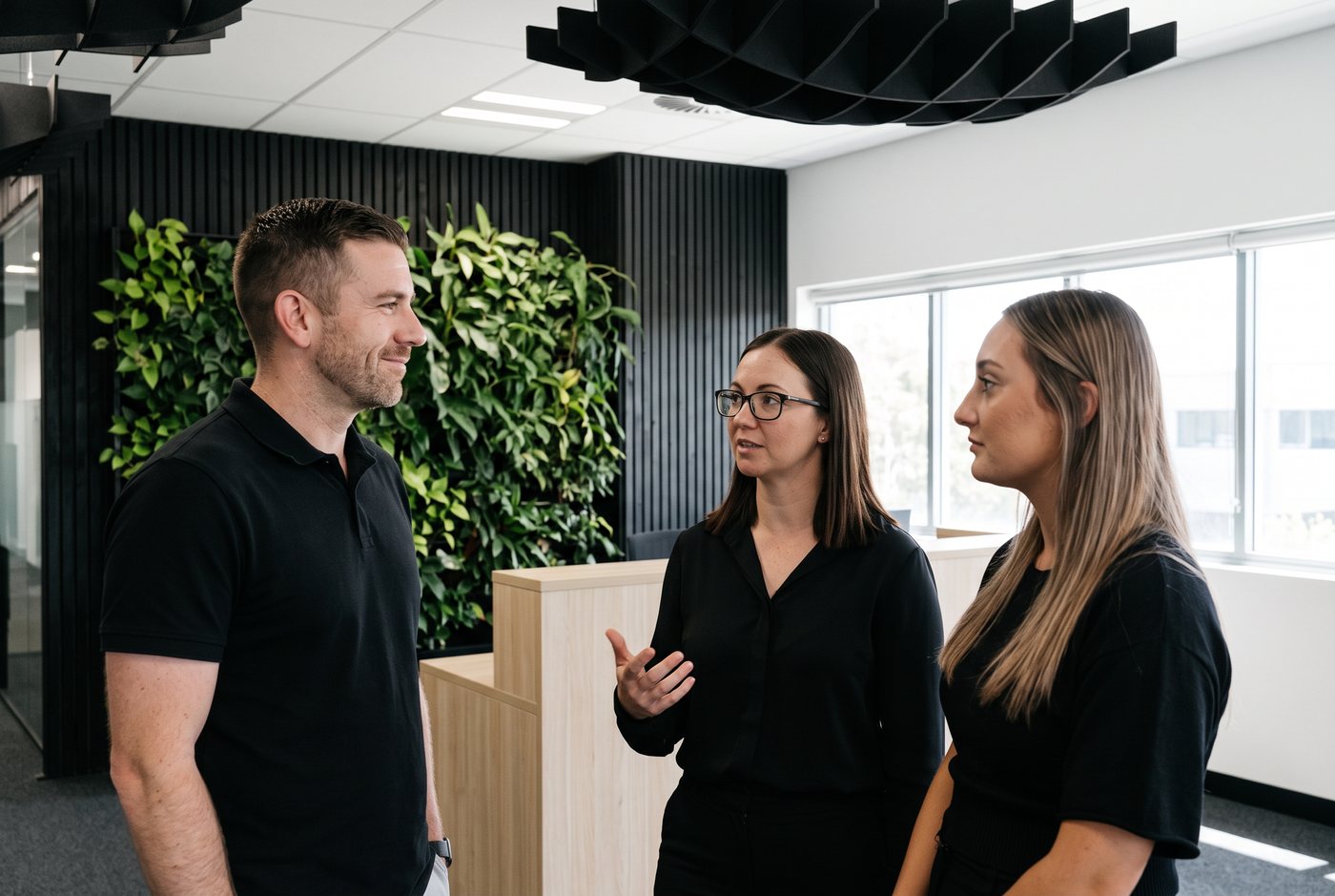 Three of the Seed team talking beside the planted wall in the Seed office