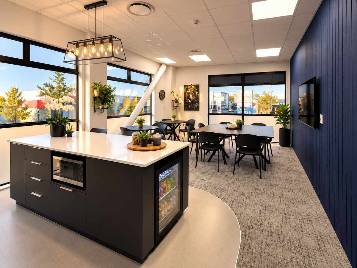 Office kitchen with an island bench and a dining area by the windows