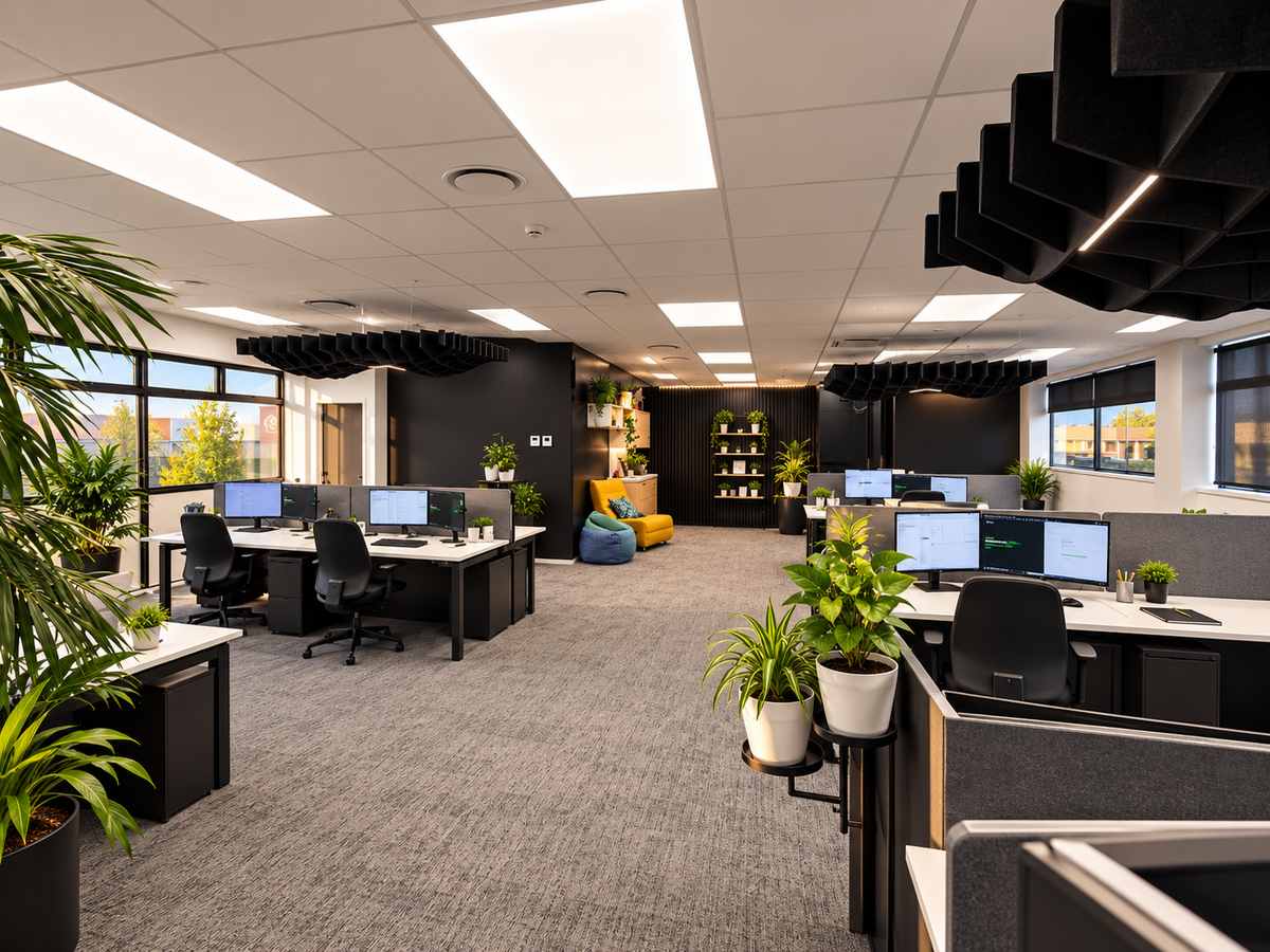 Open-plan office at Seed in Rangiora, with desks, plants and lounge seating
