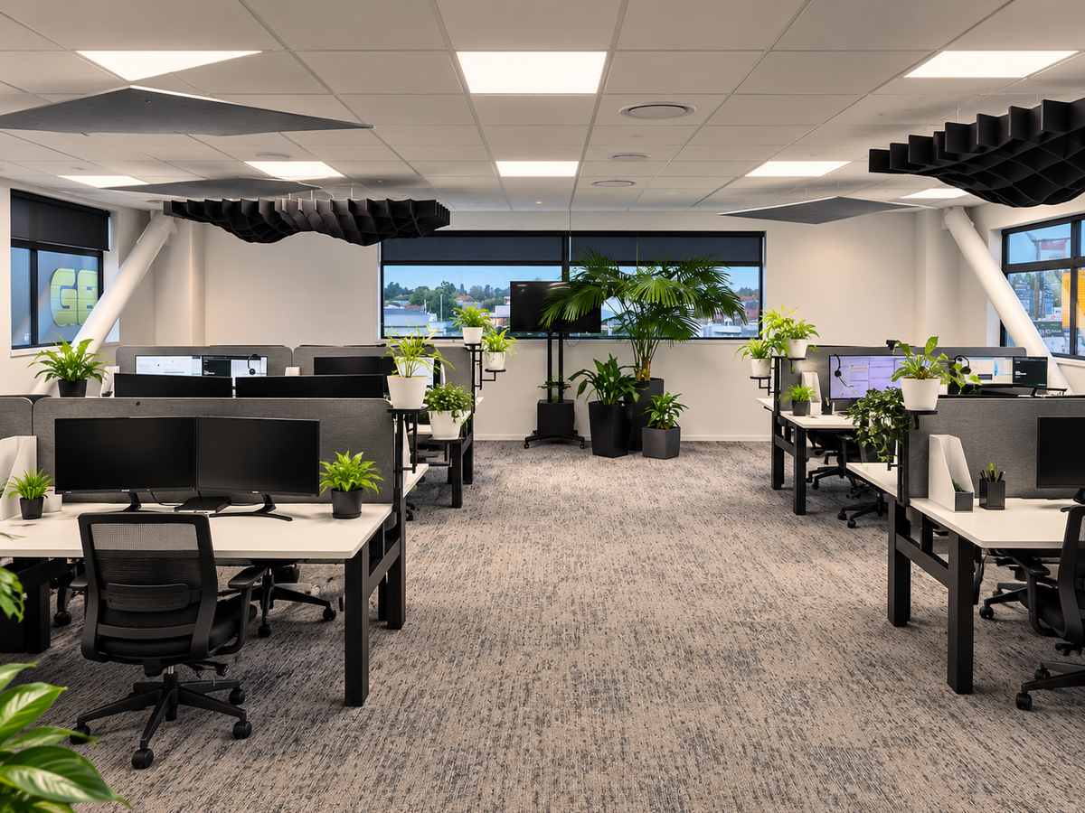 Rows of open-plan desks with monitors, office chairs and plants