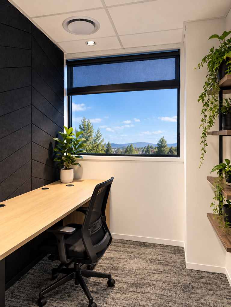 Private desk with an office chair beside a window looking out over trees and hills